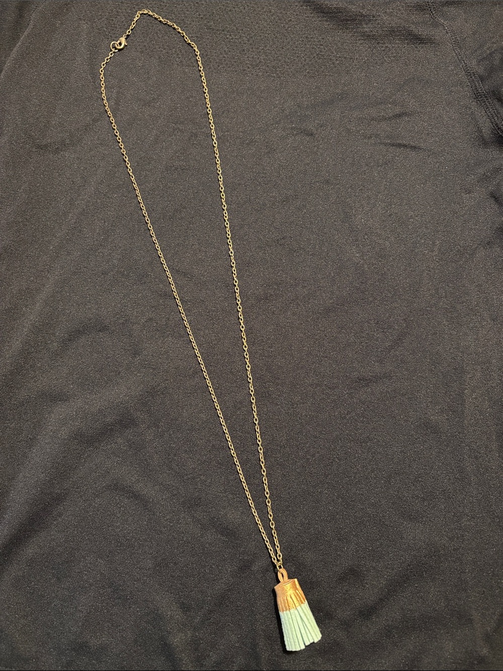 Antique Gold Chain Necklace with Mint-Colored Leather Tassel Pendant